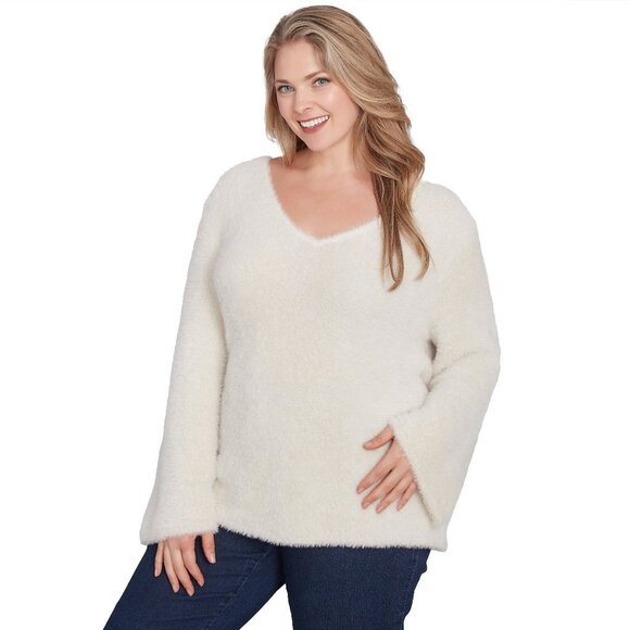 HEARTS OF PALM Plus Size 1X To Shine Eyelash V-Neck Sweater Ivory Gold MSRP $62 - Picture 3 of 5